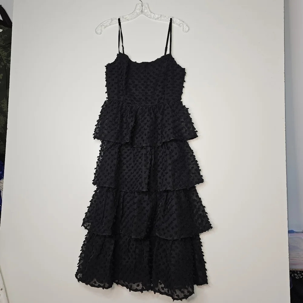 Lulu's Women's Flirting with You Black Tiered Pom Pom Midi Dress Size Small NWT - Picture 10 of 13